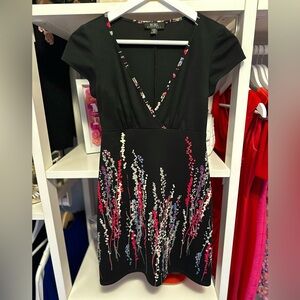 Floral Vintage BCBG Dress with Empire Waist and Surplice Neckline